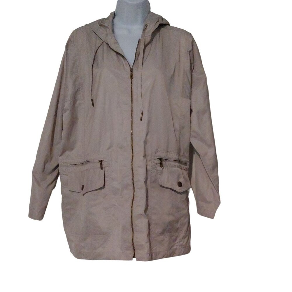 Lilla P Womens Tan Nylon Rain Coat Zip Jacket Pockets Hood XL